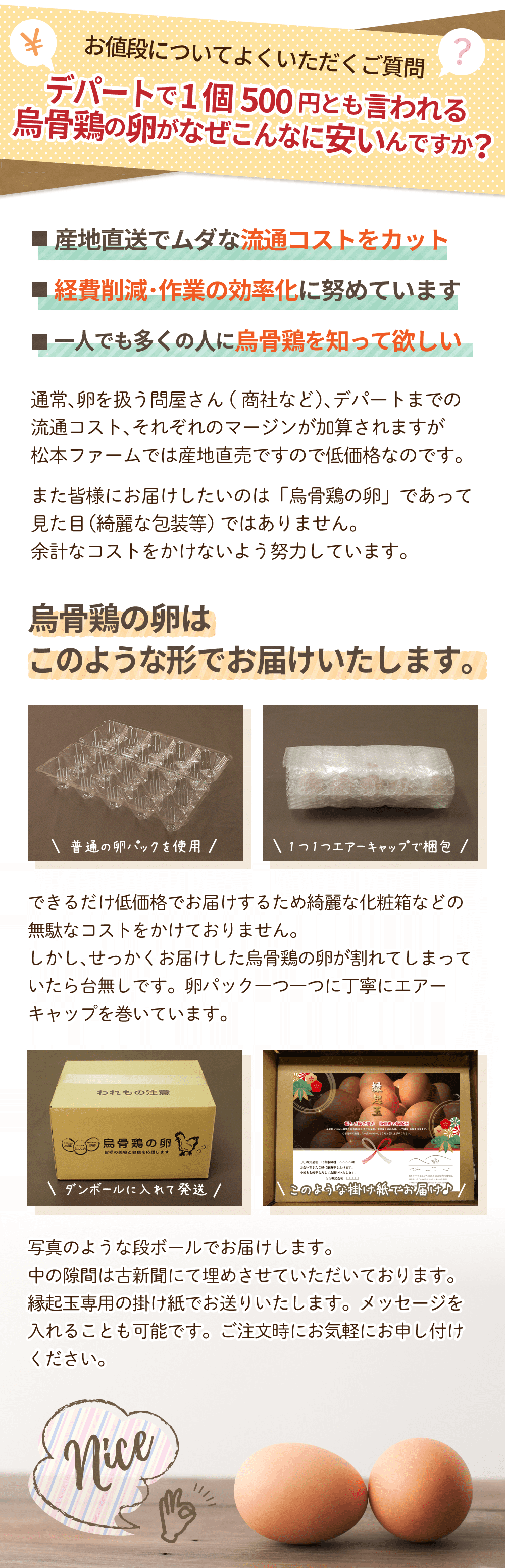 お値段についてよくいただくご質問。デパートで1個500円とも言われる烏骨鶏の卵がなぜこんなに安いんですか？・産地直送でムダな流通コストをカット。・経費削減・作業の効率化に努めています。・一人でも多くの人に烏骨鶏を知って欲しい。通常、卵を扱う問屋さん（商社など）、デパートまでの流通コスト、それぞれのマージンが加算されますが、松本ファームでは産地直売ですので低価格なのです。また皆様にお届けしたいのは「烏骨鶏の卵」であって見た目（綺麗な包装等）ではありません。余計なコストをかけないよう努力しています。烏骨鶏の卵はこのような形でお届けいたします。普通の卵パックを使用。1つ1つエアーキャップで梱包。できるだけ低価格でお届けするため綺麗な化粧箱などの無駄なコストをかけておりません。しかし、せっかくお届けした烏骨鶏の卵が割れてしまっていたら台無しです。卵パック一つ一つに丁寧にエアーキャップを巻いています。ダンボールに入れて発送。縁起玉専用の掛け紙でお届けします。