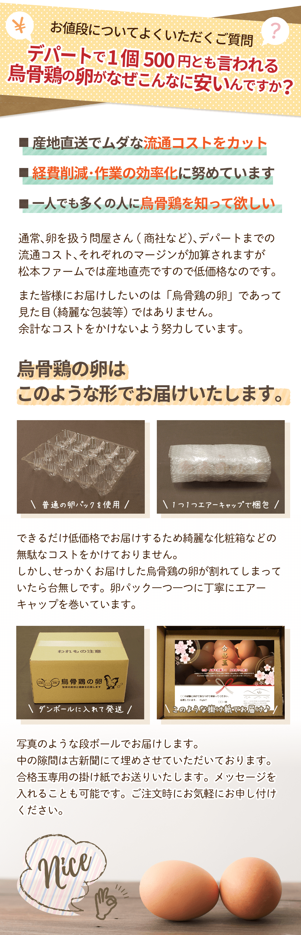 お値段についてよくいただくご質問。デパートで1個500円とも言われる烏骨鶏の卵がなぜこんなに安いんですか？・産地直送でムダな流通コストをカット。・経費削減・作業の効率化に努めています。・一人でも多くの人に烏骨鶏を知って欲しい。通常、卵を扱う問屋さん（商社など）、デパートまでの流通コスト、それぞれのマージンが加算されますが、松本ファームでは産地直売ですので低価格なのです。また皆様にお届けしたいのは「烏骨鶏の卵」であって見た目（綺麗な包装等）ではありません。余計なコストをかけないよう努力しています。烏骨鶏の卵はこのような形でお届けいたします。普通の卵パックを使用。1つ1つエアーキャップで梱包。できるだけ低価格でお届けするため綺麗な化粧箱などの無駄なコストをかけておりません。しかし、せっかくお届けした烏骨鶏の卵が割れてしまっていたら台無しです。卵パック一つ一つに丁寧にエアーキャップを巻いています。ダンボールに入れて発送。合格玉専用の掛け紙でお届けします。