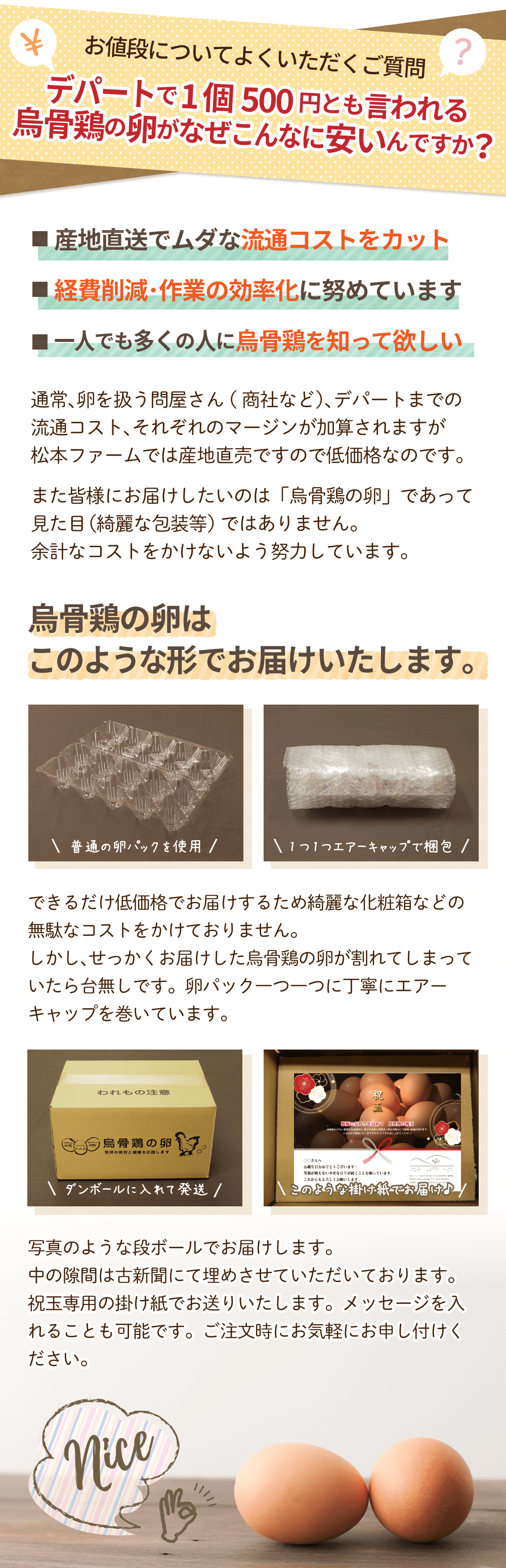 お値段についてよくいただくご質問。デパートで1個500円とも言われる烏骨鶏の卵がなぜこんなに安いんですか？・産地直送でムダな流通コストをカット。・経費削減・作業の効率化に努めています。・一人でも多くの人に烏骨鶏を知って欲しい。通常、卵を扱う問屋さん（商社など）、デパートまでの流通コスト、それぞれのマージンが加算されますが、松本ファームでは産地直売ですので低価格なのです。また皆様にお届けしたいのは「烏骨鶏の卵」であって見た目（綺麗な包装等）ではありません。余計なコストをかけないよう努力しています。烏骨鶏の卵はこのような形でお届けいたします。普通の卵パックを使用。1つ1つエアーキャップで梱包。できるだけ低価格でお届けするため綺麗な化粧箱などの無駄なコストをかけておりません。しかし、せっかくお届けした烏骨鶏の卵が割れてしまっていたら台無しです。卵パック一つ一つに丁寧にエアーキャップを巻いています。ダンボールに入れて発送。祝玉専用の掛け紙でお届けします。