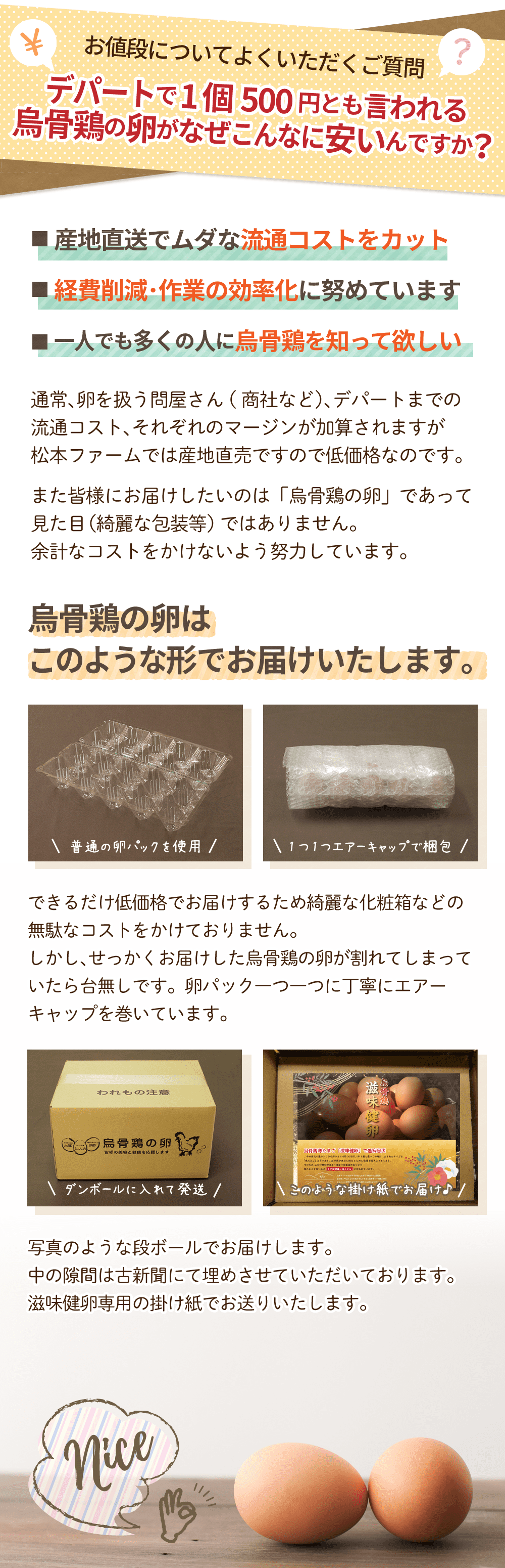 お値段についてよくいただくご質問。デパートで1個500円とも言われる烏骨鶏の卵がなぜこんなに安いんですか？・産地直送でムダな流通コストをカット。・経費削減・作業の効率化に努めています。・一人でも多くの人に烏骨鶏を知って欲しい。通常、卵を扱う問屋さん（商社など）、デパートまでの流通コスト、それぞれのマージンが加算されますが、松本ファームでは産地直売ですので低価格なのです。また皆様にお届けしたいのは「烏骨鶏の卵」であって見た目（綺麗な包装等）ではありません。余計なコストをかけないよう努力しています。烏骨鶏の卵はこのような形でお届けいたします。普通の卵パックを使用。1つ1つエアーキャップで梱包。できるだけ低価格でお届けするため綺麗な化粧箱などの無駄なコストをかけておりません。しかし、せっかくお届けした烏骨鶏の卵が割れてしまっていたら台無しです。卵パック一つ一つに丁寧にエアーキャップを巻いています。ダンボールに入れて発送。滋味健卵専用の掛け紙でお届けします。